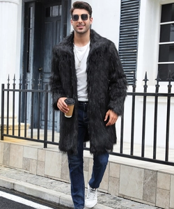 Luxurious men's long faux fur coat in black with plush texture and stylish lapel collar