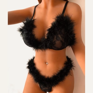 Sexy black lace lingerie set with plush feather trim and rhinestone belly ring detail