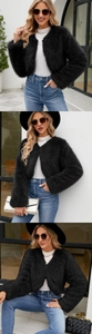 Trois vues d'une veste courte en fausse fourrure noire pour femme avec jean et haut blanc