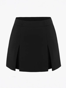 High-waist black A-line skort with double side slits and premium stretch fabric