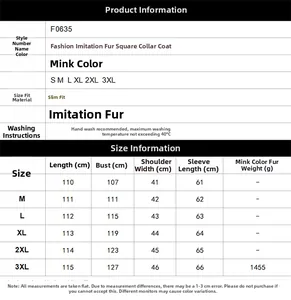 Detailed size chart for men's faux fur long coat with specific measurements in cm