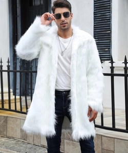 Detailed texture of thick faux fox fur on white long coat with plush high-density fibers