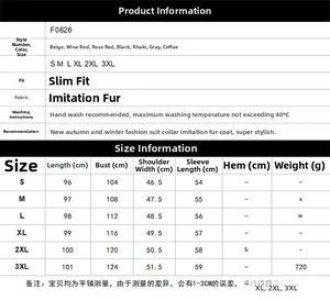 Tableau des tailles pour manteau long en fausse fourrure avec mesures du S au 3XL