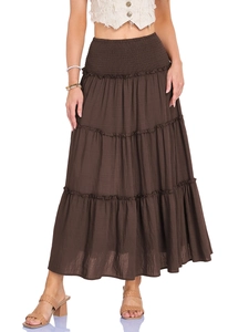 Jupe Longue à Étages Bohême à Taille Haute Smockée Jupe Gâteau à Étages en Mélange de Coton Couleur Unie Ligne A Avec Bords à Volants