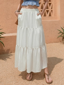 Gonna Maxi a Strati in Lino di Cotone da Donna Vita Alta Elastica Gonna a Balze con Tasche Tinta Unita Stile Bohemien per Vacanza