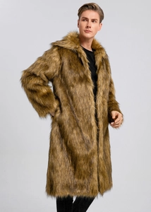Detail of golden brown faux fox fur texture and wide collar on long men's plush coat