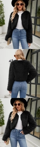 Trois vues de la veste courte en fausse fourrure noire pour femme au style urbain