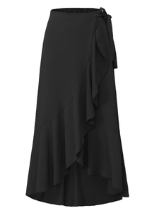 High waist black ruffle wrap skirt with tie-waist and asymmetric hem for women