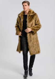 Detail of the soft texture and thick fur on this long brown men's faux fur coat