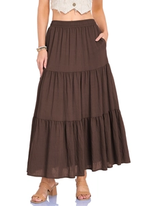 Gonna lunga da donna in cotone e lino a vita alta con tasche marrone scuro