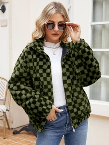 Detail of army green checkerboard fleece jacket with full zipper and stand collar