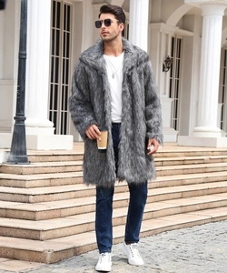 Detailed view of grey faux fox fur long coat with fluffy texture and notch lapels