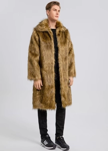 Detailed view of men's faux fur coat with plush checkered texture and large lapel collar