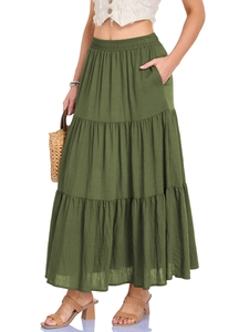 Gonna lunga a balze verde oliva in cotone con vita alta elastica e tasche laterali