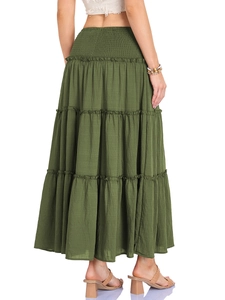 Jupe longue à volants vert armée avec taille haute élastique et plis élégants vue de dos