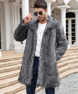 Detail view of premium long faux fur coat for men featuring high-quality grey gradient texture