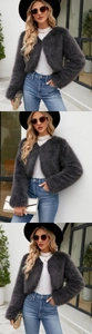 Détail de la veste courte en fausse fourrure gris foncé montrant sa texture et sa coupe