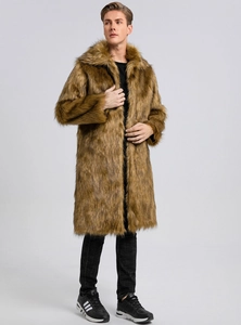 Full body studio shot of long brown faux fur coat with rich texture and lapel