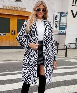 Fashionable long zebra print faux fur coat with notch lapel and stylish street style look