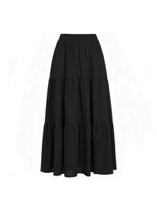 Gonna lunga nera in cotone e lino da donna con vita elastica e design a balze