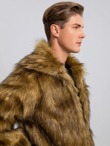 Detail of premium dark brown faux fur coat for men featuring a plush large lapel collar