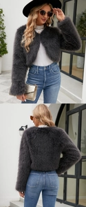 Vue avant et arrière de la veste courte en fausse fourrure gris foncé texture peluche