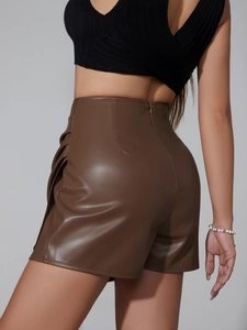 High waist dark brown PU leather shorts with side ruffles and concealed back zipper