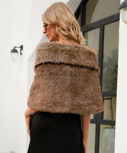 Close-up of the plush texture and drape of this brown faux fur shawl for women