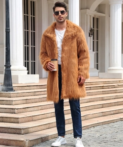 Close-up of fluffy brown faux fox fur texture on men's mid-length winter overcoat