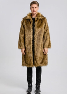 Detailed texture of men's long faux fox fur coat with plush collar in brown finish