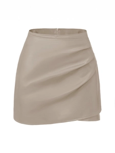 Women's high waist PU leather skort with asymmetric ruched detail in khaki grey color