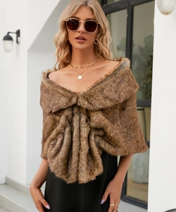 Brown faux fox fur shawl wrap for winter formal wear and bridal dresses in outdoor setting