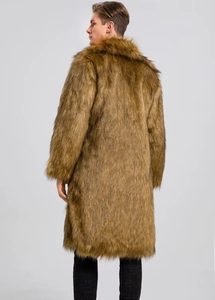 Rear view of long faux fur coat for men featuring brown plush texture and thick cut