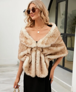 Chic brown striped faux fox fur shawl detail on model for elegant winter styling