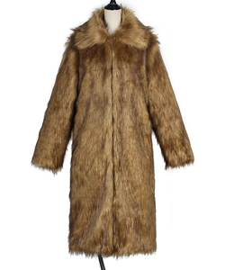 Detailed close-up of brown faux fur texture and wide lapel on long plush winter coat