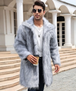 Silver-grey long faux fur coat with large lapel and thick fluffy texture on male model