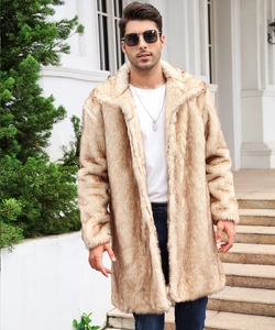 Detail of men's faux fur coat with thick beige animal texture and stylish lapel design