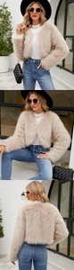 Trois vues d'une veste en fausse fourrure abricot pelucheuse avec col rond et coupe courte