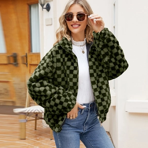 Cozy green and black checkerboard faux fur jacket with full zip and stylish stand collar