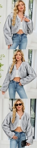 Vue en trois parties d'une veste courte en fausse fourrure grise portée par un mannequin