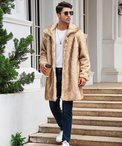 Close-up of faux fox fur coat texture with striped gradient on large lapel collar