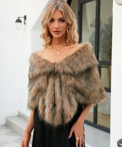 Detailed texture of brown faux fox fur shawl wrapped over shoulders for formal evening wear