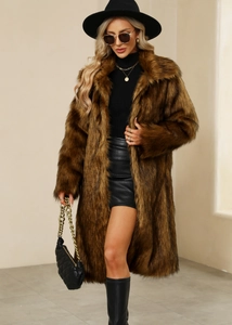 Deep brown faux fur coat for women with wide lapel collar and fluffy texture in mid-length