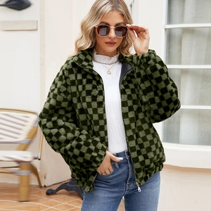 Women's autumn checkerboard plush faux fur jacket with warm stand collar and zipper