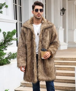 Close-up of men's faux fox fur coat featuring deep brown texture and large lapel detail