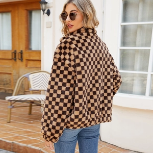 Women's autumn faux fur coat featuring brown and khaki checkerboard pattern plush fabric