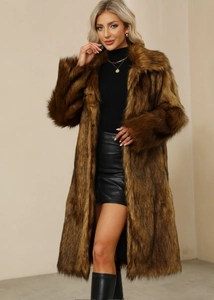 Detailed texture of women's long brown faux fur coat with thick glossy plush collar