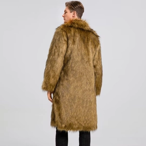 Men long faux fox fur coat in brown with thick plush texture and oversized fit