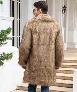 Back view of men's faux fox fur coat in brown and black showing long fuzzy texture
