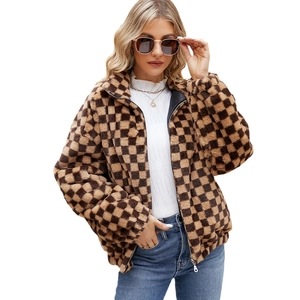 Women's faux fur jacket with brown and beige checkerboard pattern and zipper closure